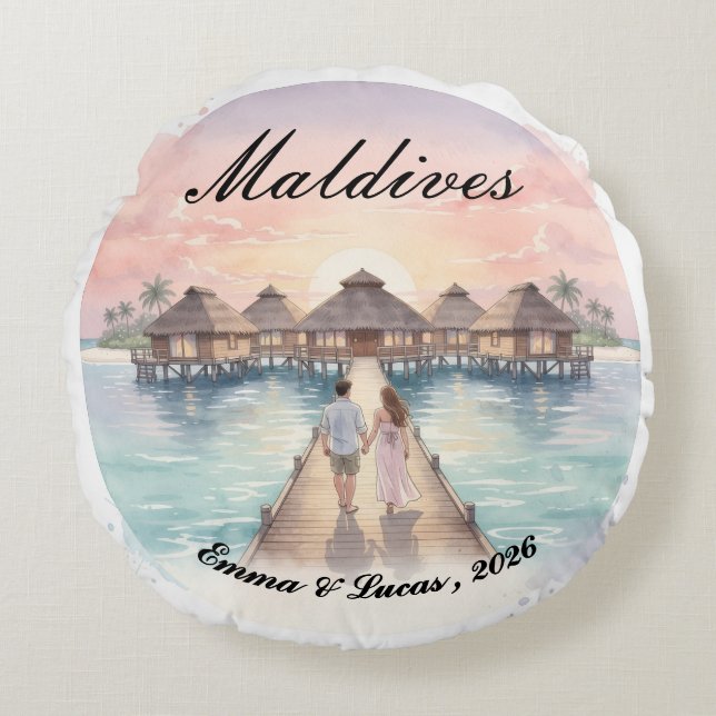 Custom Couple Maldives Honeymoon Keepsake Rundes Kissen (Vorderseite)