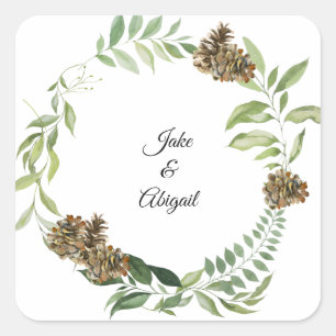 Custom Couple Names Fall Foliage Pine Cones Quadratischer Aufkleber