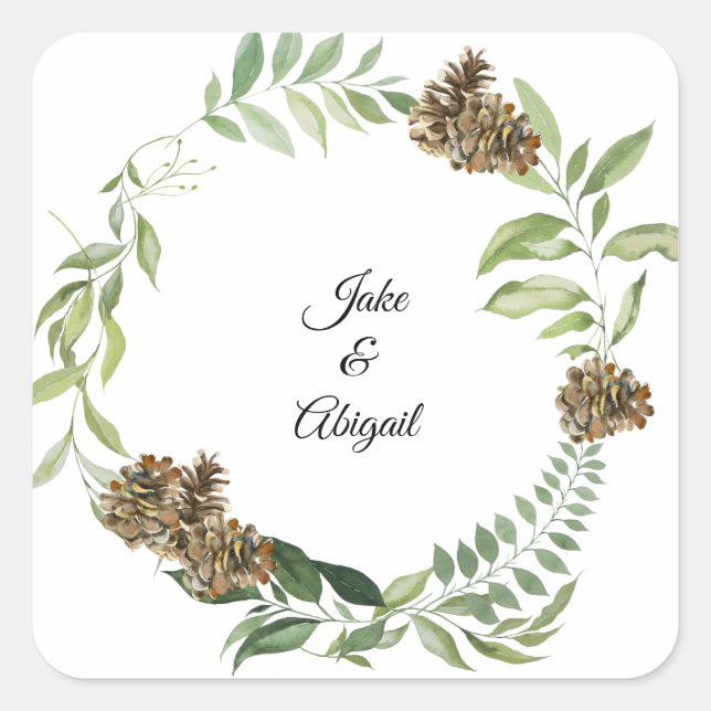 Custom Couple Names Fall Foliage Pine Cones Quadratischer Aufkleber (Vorderseite)