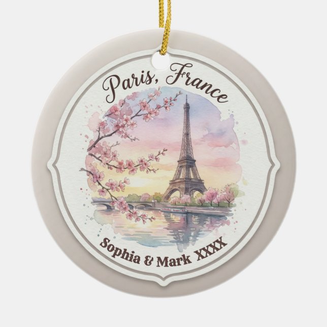 Custom Couple's Paris & Cherry Blossom Keepsake Keramik Ornament (Vorne)