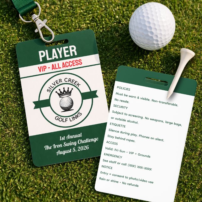 Custom Create Your Own Golf Tournament Ausweis (Classic golf badge design featuring crossed clubs, green fairway accents, and tournament-ready style)