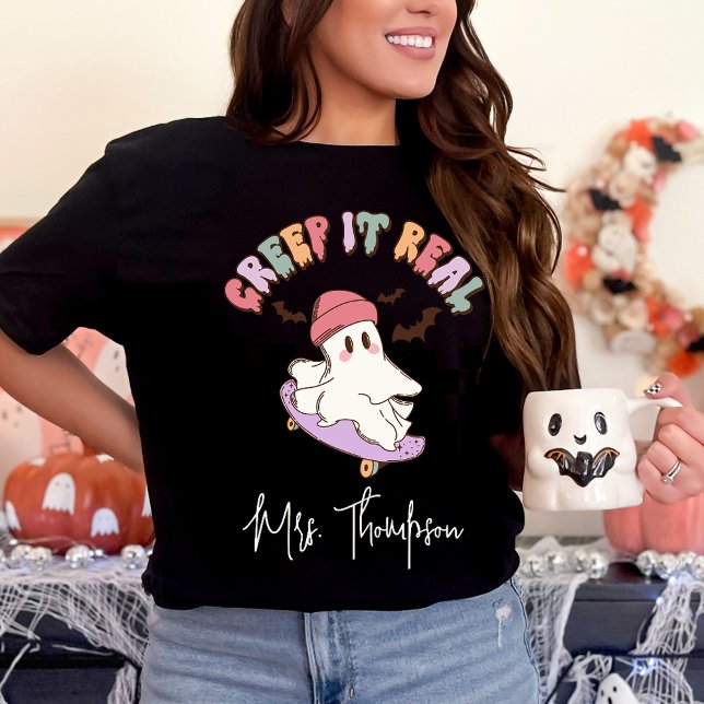 Custom Creep It Real Skateboarding Ghost Halloween T-Shirt (Von Creator hochgeladen)
