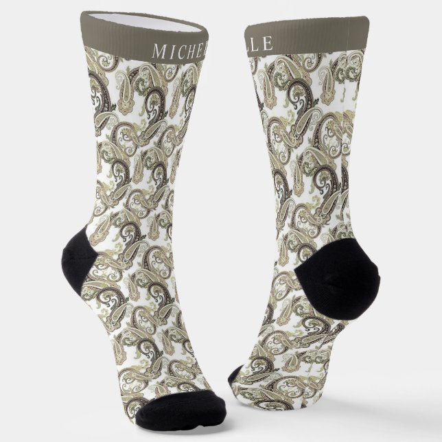 Custom Creme White Brown Black Paisley Muster Socken (Gewinkelt)