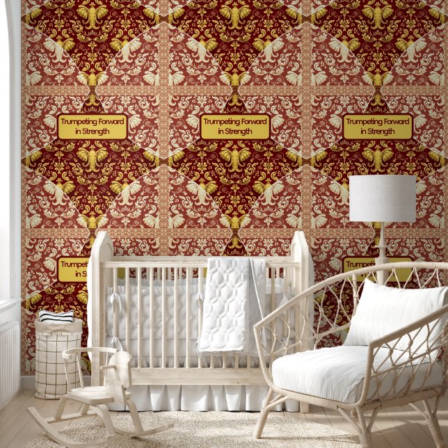 Custom Crimson Red & Gold Elephant Wall Covering Tapete (Kinder)
