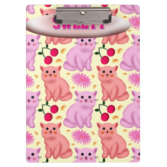 Custom Cute Cat Cherry Floral Pattern Klemmbrett (Vorderseite)