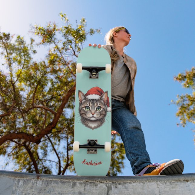 Custom Cute Christmas Cat with Santa Hat Skateboard (Außenbereich 1)