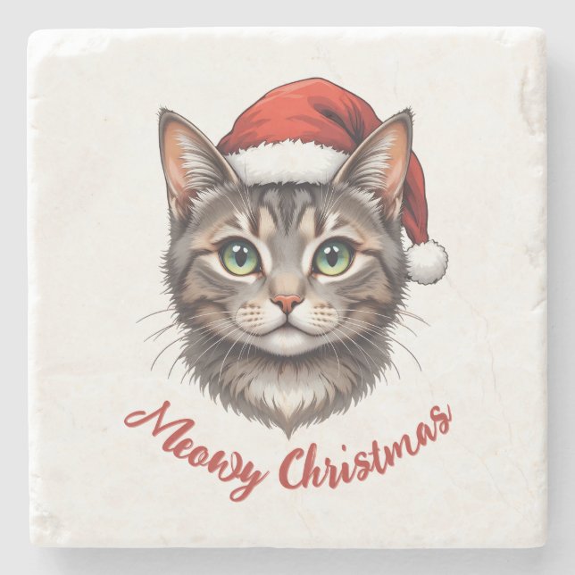 Custom Cute Christmas Cat with Santa Hat Steinuntersetzer (Vorderseite)