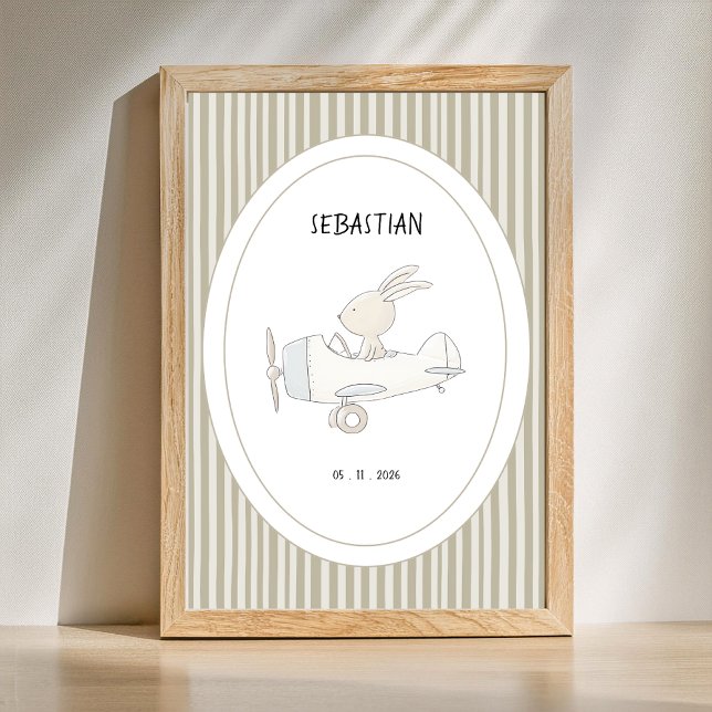Custom Cute Pilot Bunny Nursery Name Date Poster (Personalize Name and Date of this Cute Animal Nursery poster )