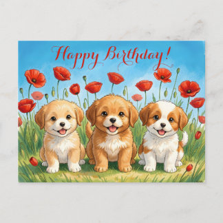 Custom Cute Puppies & Red Poppies Happy Birthday Feiertagspostkarte