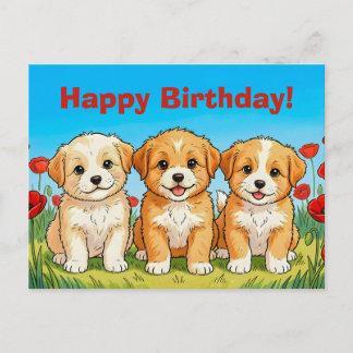Custom Cute Puppies & Red Poppies Happy Birthday Feiertagspostkarte