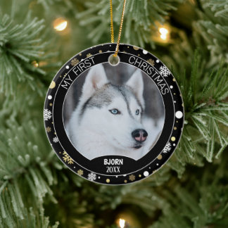 Custom Cute Puppy Photo On White Gold Snowflakes Keramik Ornament