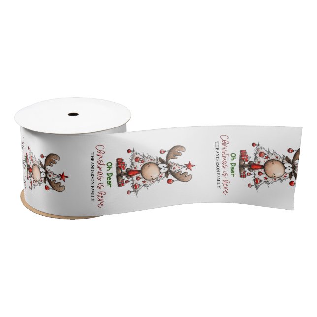 Custom Cute Reindeer “Oh Deer Christmas Is Here” Satinband (Spule)