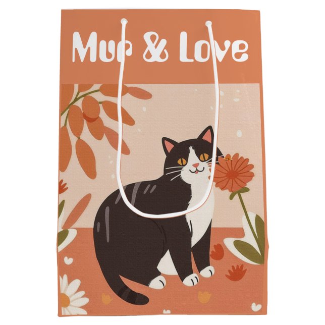 Custom Cute Smiling Cat with Mur & Love Text  Mittlere Geschenktüte (Rückseite)