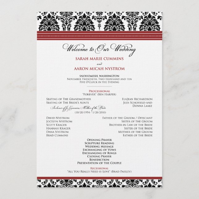 :custom: Damask black/red Wedding Program Programm (Vorderseite)