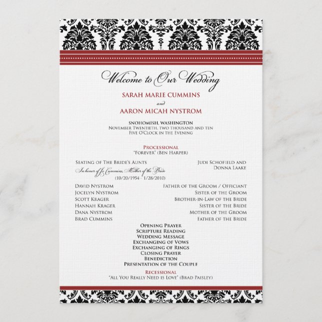 :custom: Damast schwarz/rotes Hochzeitsprogramm Programm (Vorderseite)