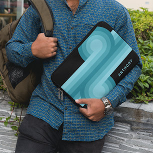 Custom Dark Aquamarin Blue Aqua Black Retro Muster Laptopschutzhülle