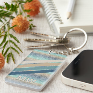 Custom Dark Aquamarin Blue Brown Retro Stripes Schlüsselanhänger