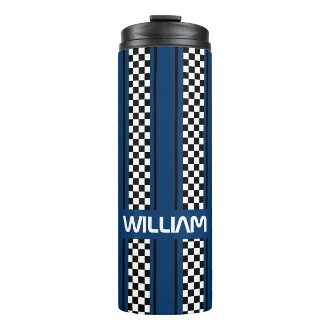 Custom Dark Blue Black Race Sport Strip Thermosbecher (Vorderseite)