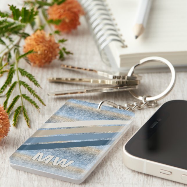 Custom Dark Blue Gray Taupe Brown Retro Streifen Schlüsselanhänger (Vorderseite rechts)
