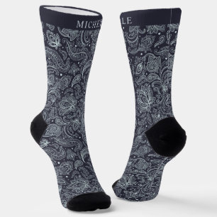 Custom Dark Blue Grey Lila Paisley Pattern Socken