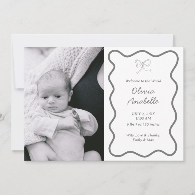 Custom Dark Gray Bow Wavy Boho Collage Baby Birth Ankündigung (Vorderseite)
