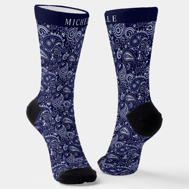 Custom Dark Light Navy Blue Paisley Muster Socken (Gewinkelt)