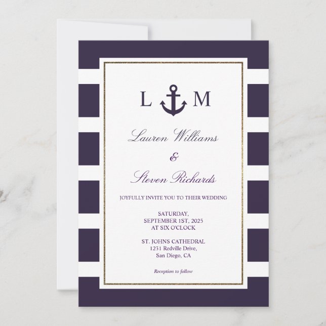 Custom Dark Navy Blue Anchor Marine Wedding Einladung (Vorderseite)