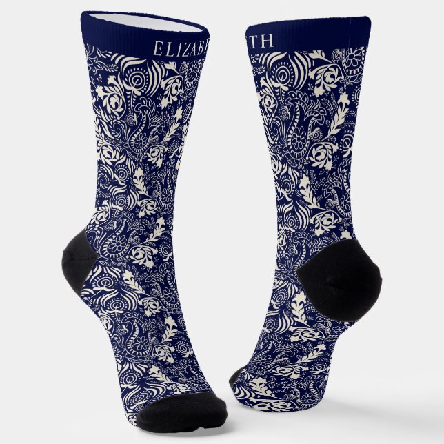 Custom Dark Navy Blue Cream Paisley Muster Socken (Gewinkelt)
