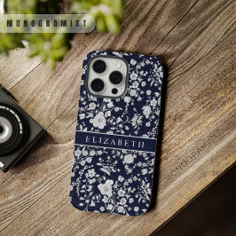 Custom Dark Navy Blue Floral Silver White Blume iPhone 15 Pro Max Hülle