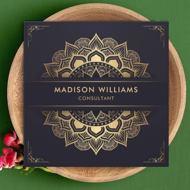 Custom Dark Navy Blue Gold Mandala Beruflich Quadratische Visitenkarte (Custom Dark Navy Blue Gold Mandala Professional Square Business Card)
