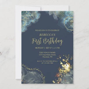 Custom Dark Navy Blue Gold Premium Monogram Einladung