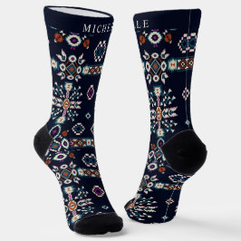 Custom Dark Navy Blue White Aztec Muster Socken