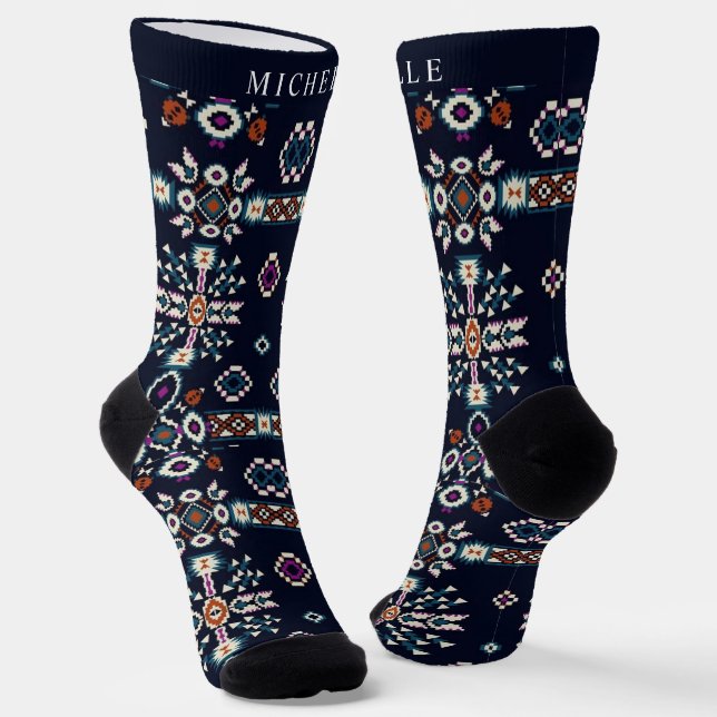 Custom Dark Navy Blue White Aztec Muster Socken (Gewinkelt)