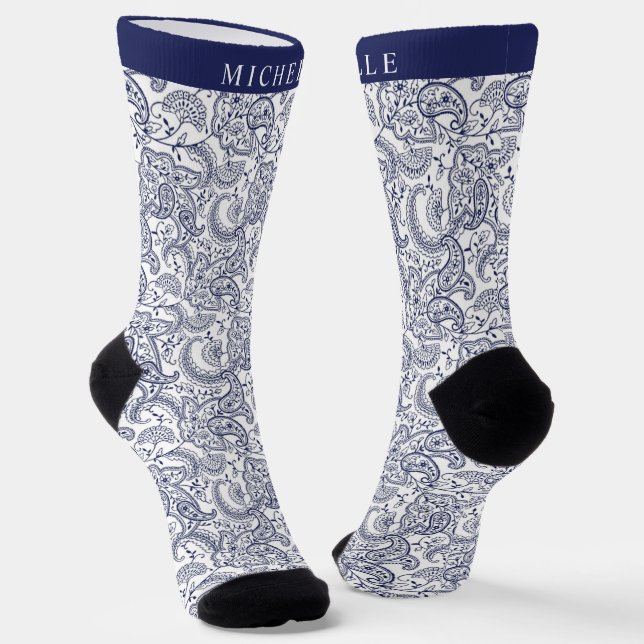 Custom Dark Navy Blue White Paisley Muster Socken (Gewinkelt)