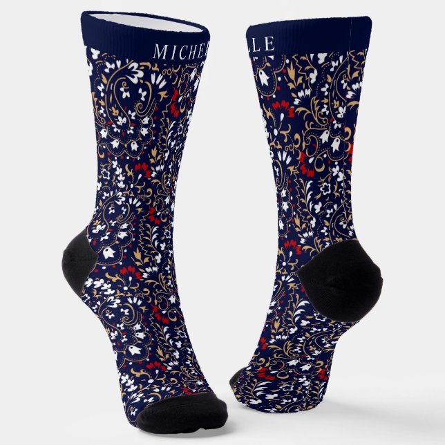Custom Dark Navy Blue White Paisley Muster Socken (Gewinkelt)