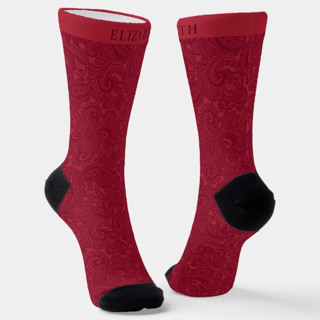 Custom Dark Pink Wine Red Maroon Paisley Muster Socken (Gewinkelt)