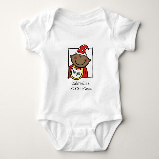 Custom Dark Skin Tone Baby's First Christmas Baby Strampler (Vorderseite)