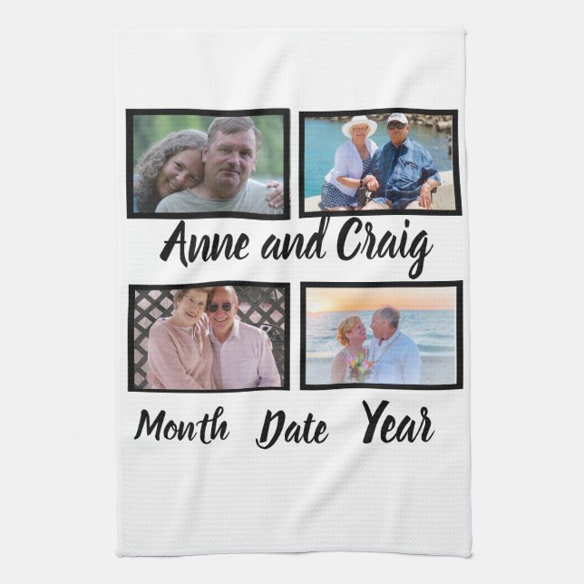 Custom Date Wedding Anniversary 4 Foto Collage Geschirrtuch (Vertikal)