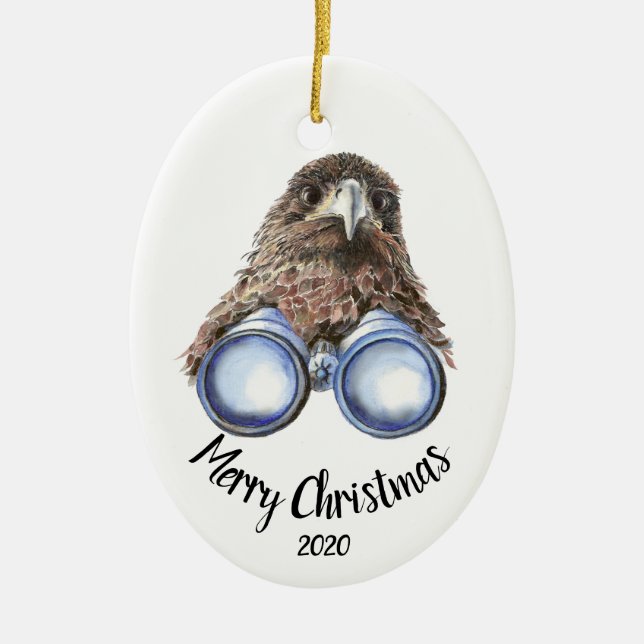 Custom Dated Christmas Bird Watcher Hawk Fun Keramikornament (Vorne)