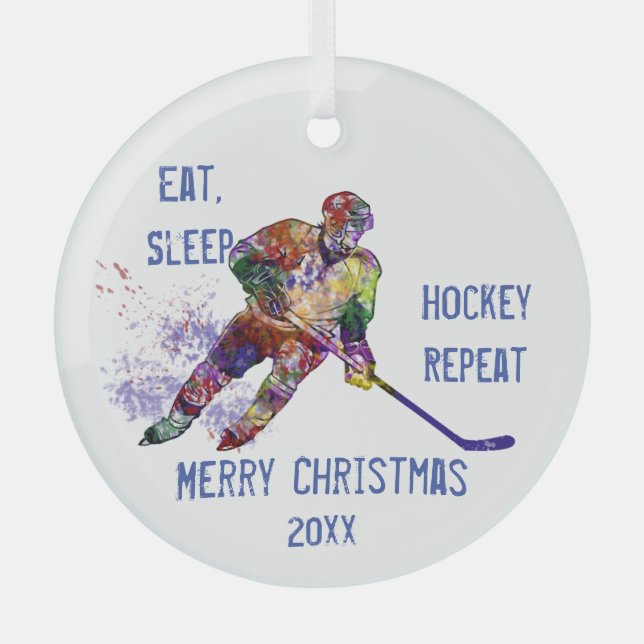 Custom Dated Christmas Eat Sleep Hockey Wiederholu Ornament Aus Glas (Vorderseite)