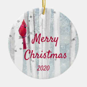 Custom Dated Christmas Kardinal Bird Birch Tree Keramikornament