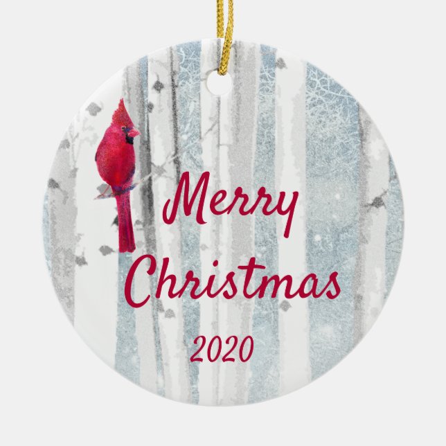 Custom Dated Christmas Kardinal Bird Birch Tree Keramikornament (Vorne)