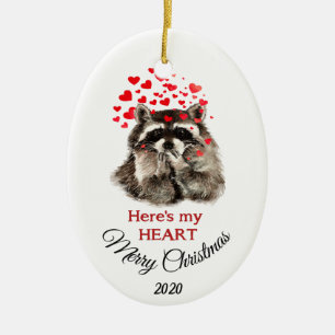 Custom Dated Christmas Raccoon Hier ist mein Herz Keramikornament