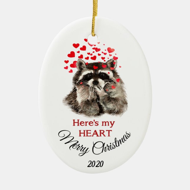 Custom Dated Christmas Raccoon Hier ist mein Herz Keramikornament (Vorne)