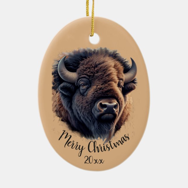 Custom Dated Christmas Watercolor Bison Buffalo Keramik Ornament (Hinten)