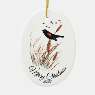 Custom Dated Christmas Watercolor Blackbird Birds Keramikornament