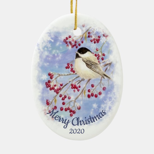 Custom Dated Christmas Watercolor Winter Chickadee Keramik Ornament (Hinten)
