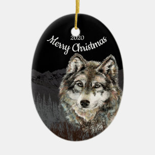 Custom Dated Christmas Wolf Mountain Keramik Ornament