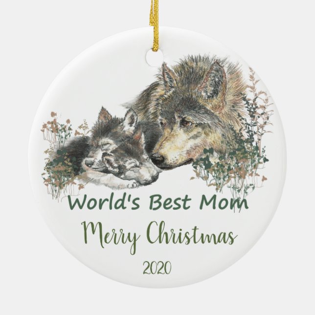 Custom Dated Christmas World's Best Mama Wolf Art Keramik Ornament (Hinten)