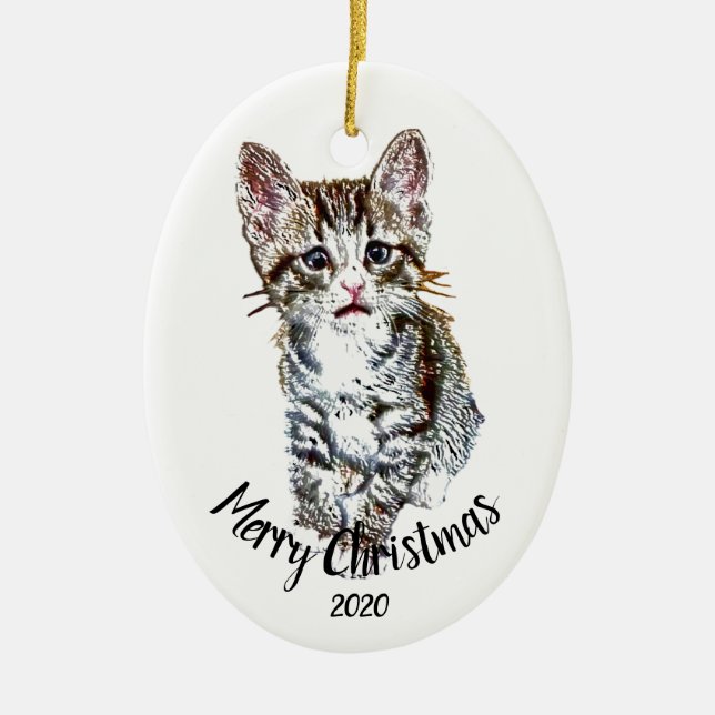 Custom Dated Kitten Katze Tier Frohe Weihnachten Keramik Ornament (Vorne)